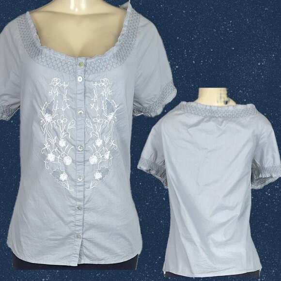 Caribbean Joe S Slate Blue Embroidered Floral Shirred Button Short Sleeve Blouse - Picture 1 of 6